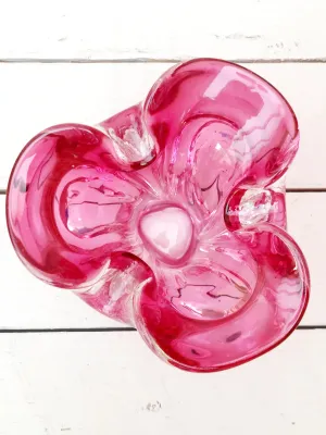 Vintage art Murano sierschaaltje - rood / paars / helder glas - dubbele laag glas