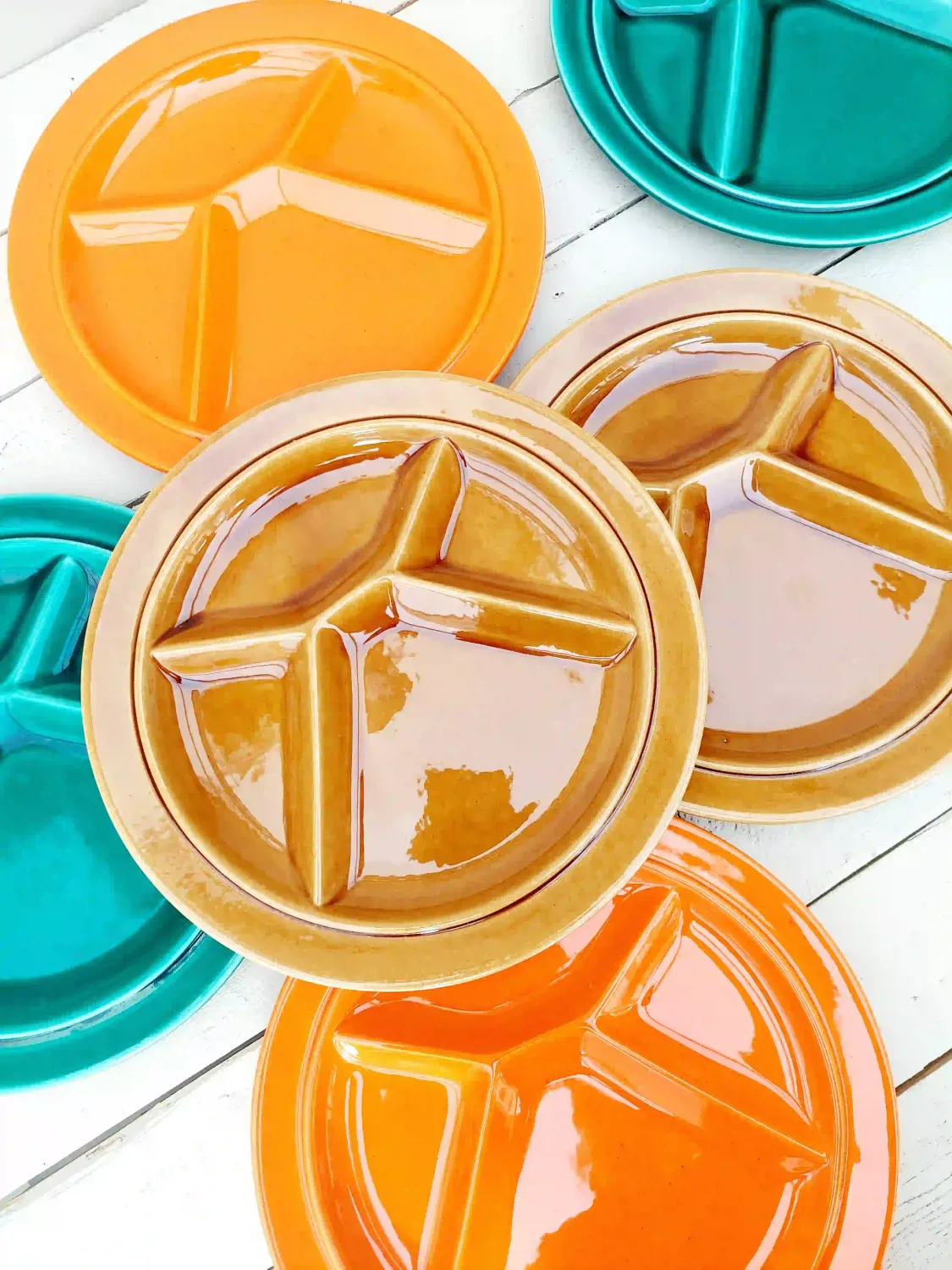 Hapjesborden geglazuurd met 4 vakken, set van 6 - bruin, oranje en groen