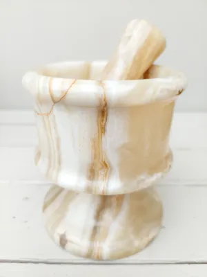 Vintage onyx vijzel met stamper, crème-wit-bruin