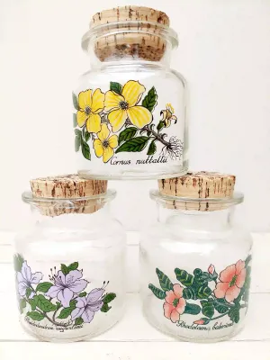 Voorraadpotten met bloementekening en kurken stop, set van 3