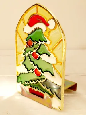 Theelicht met kerst-glasraam - Kerstboom met kerstmuts