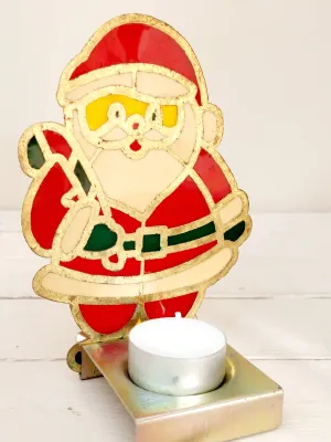 Theelicht met kerst-glasraam - Kerstman