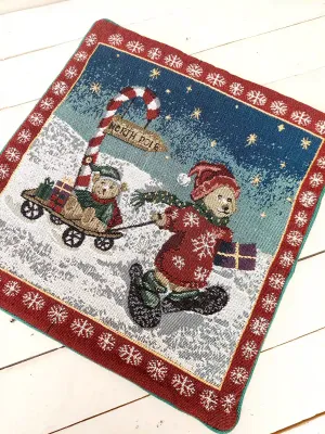 Gobelin kerstkussensloop met kerstbeer en slee - decoratieve hoes voor sierkussen 40 x 40 cm