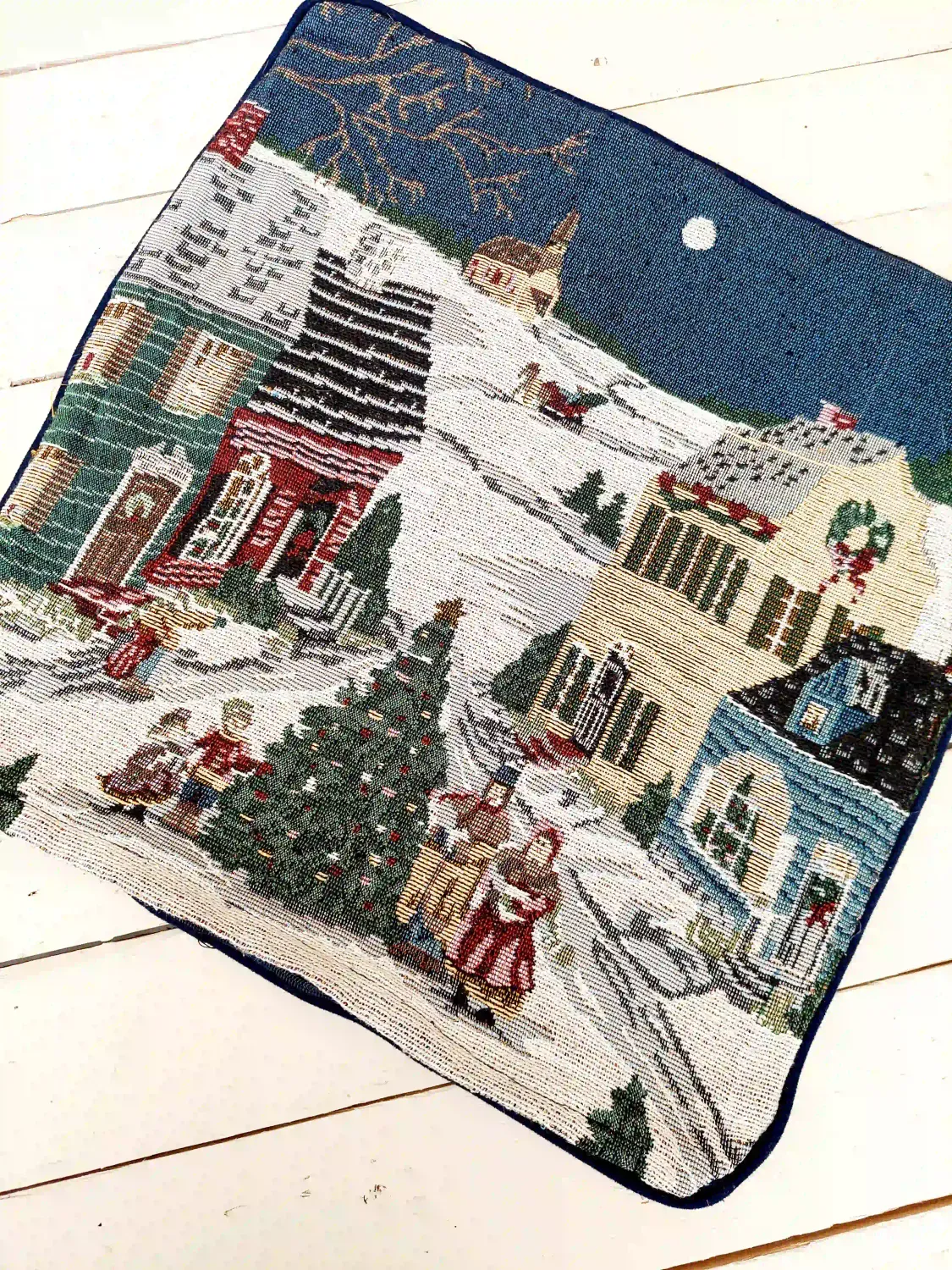 Gobelin kerstkussensloop met kersttafereel in een dorp - decoratieve hoes voor sierkussen 40 x 40 cm