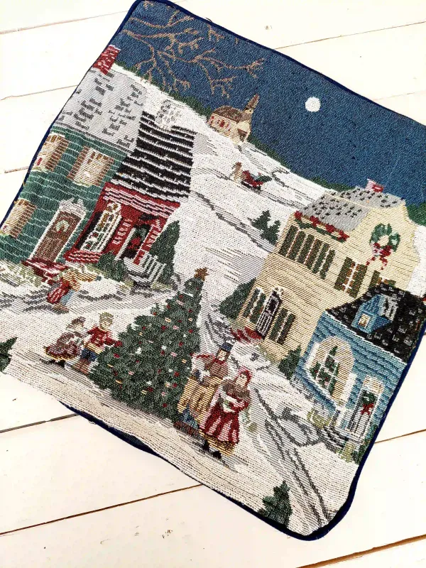 Gobelin kerstkussensloop met kersttafereel in een dorp - decoratieve hoes voor sierkussen 40 x 40 cm