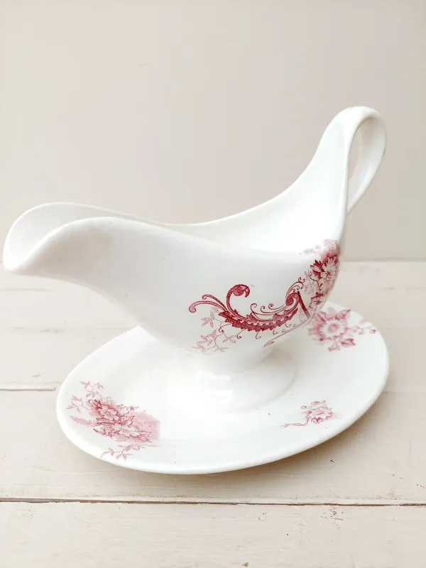 Antieke sauskom - sauspot Nimy Belgium- wit porselein met rozen en gouden lijnen