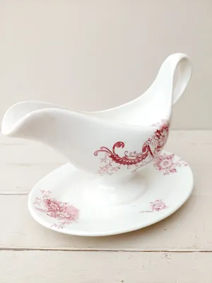Antieke sauskom - sauspot Nimy Belgium- wit porselein met rozen en gouden lijnen