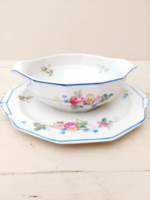 Vintage sauskom - sauspot Porcelaine Cerabel - wit porselein met fijn bont bloemendecor en blauwe lijnen