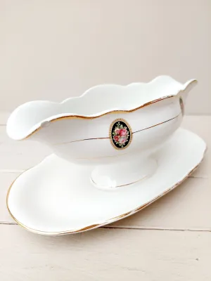 Antieke sauskom - sauspot Nimy Belgium- wit porselein met roze bloemendecoratie