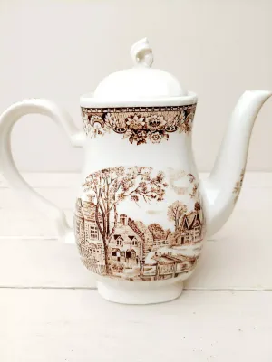 Vintage koffiepot - theepot Royle - Engelse stijl - crème porselein met bruine opdruk