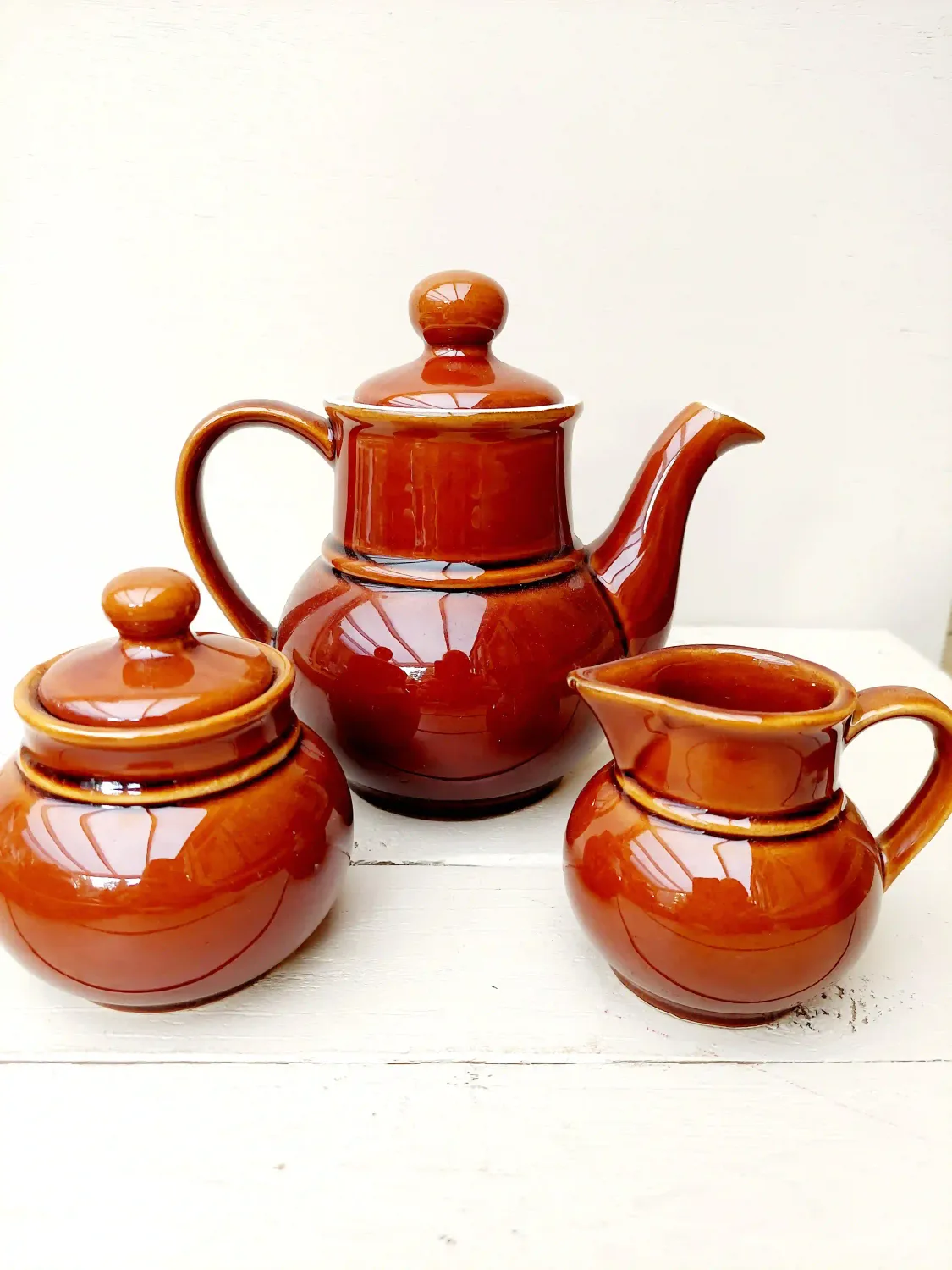 Vintage theepot bruin glazuur met bijpassend roomstel - KW Keramik West-Germany
