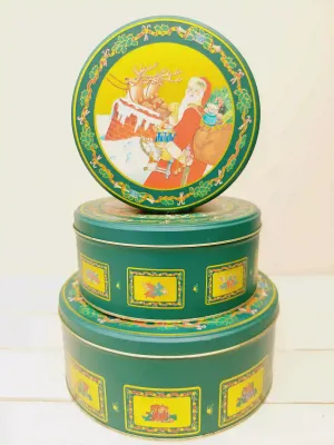 Groene kerstblikken, set van 3, rond, prenten van kersttaferelen en feestelijke accenten