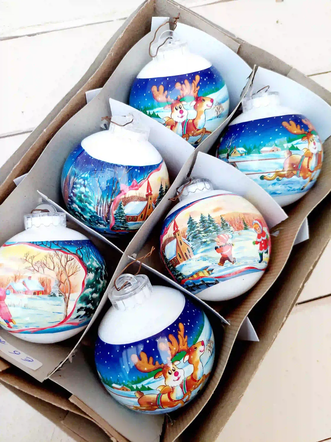 Set van 6 vintage kerstballen - Speelse prenten, sneeuwpop &amp; sprookjes