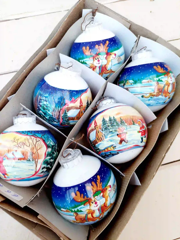 Set van 6 vintage kerstballen - Speelse prenten, sneeuwpop &amp; sprookjes