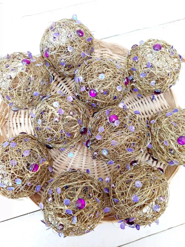 Gouddraad kerstballen met paarse pailletten, set van 10 stuks - Vintage boho kerst