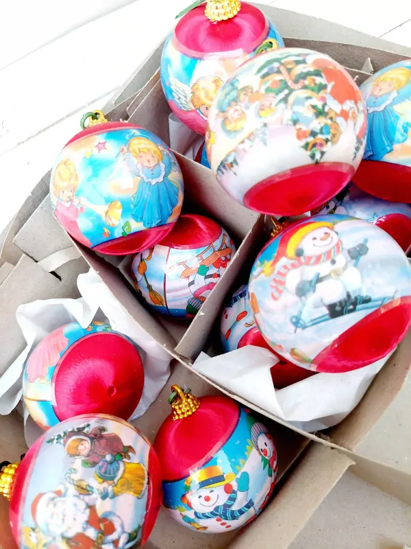 Vintage zijden kerstballen met prent - Winterscènes, rendier &amp; sneeuw - set van 12