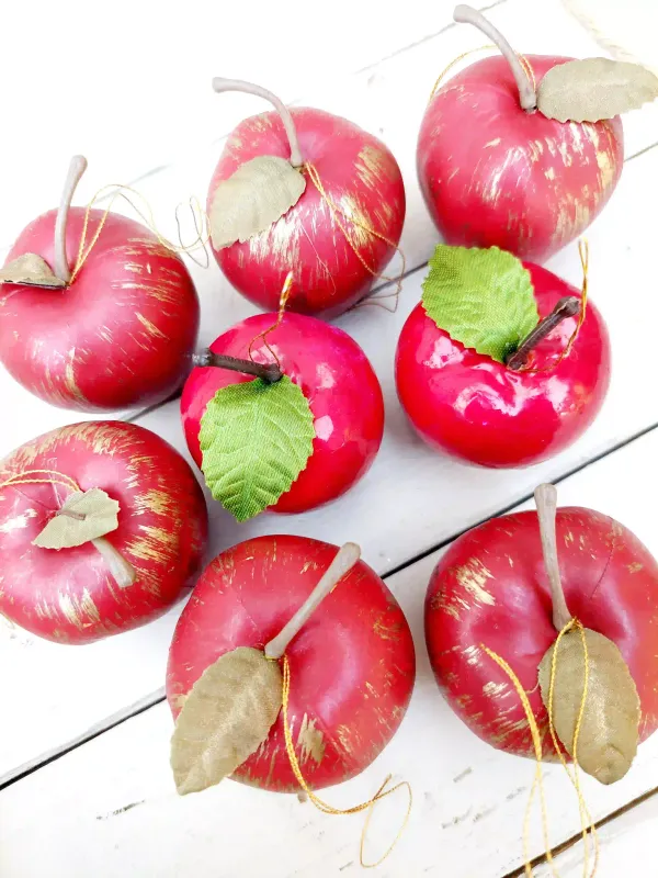 Vintage kersthangers rood gouden appels - Herfst/Kerst decoratie - set van 8