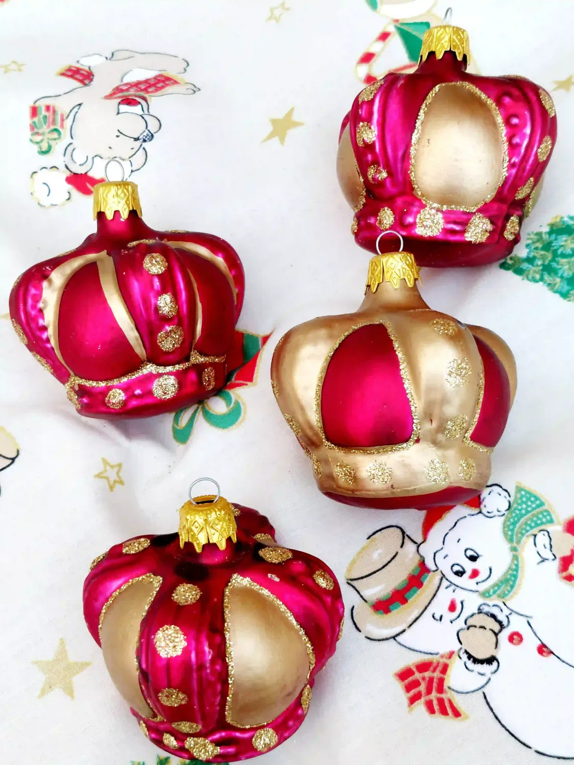 Vintage glazen kroon/tulband kerstballen - Fuchsia roze &amp; goud