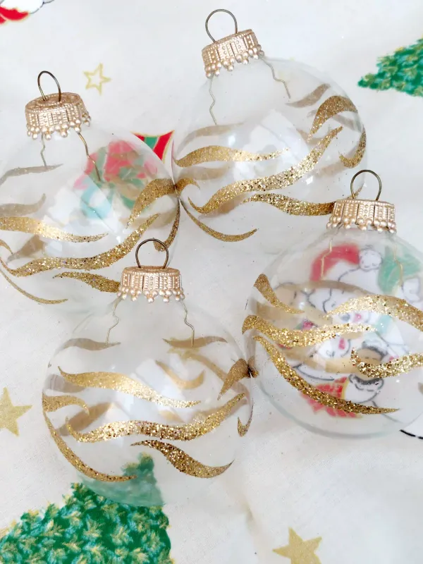 Vintage glazen kerstballen - transparant met gouden glitterdeco - set van 4