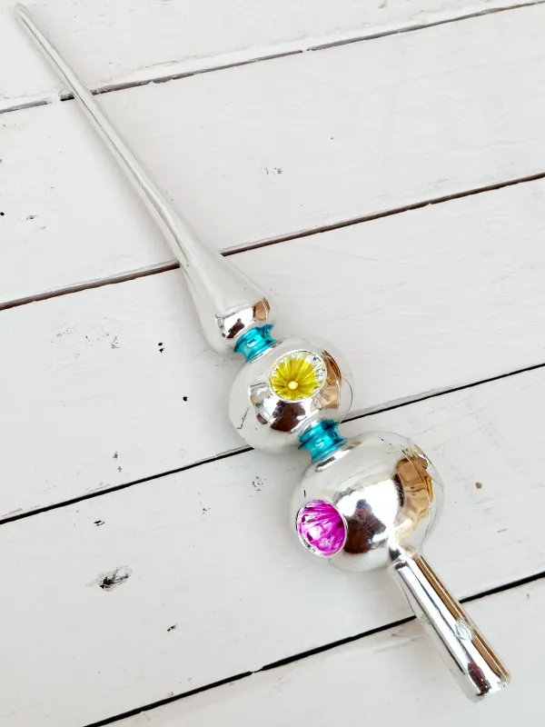 Vintage kunststof boompiek - zilver chroom met blauw en groene reflectoren