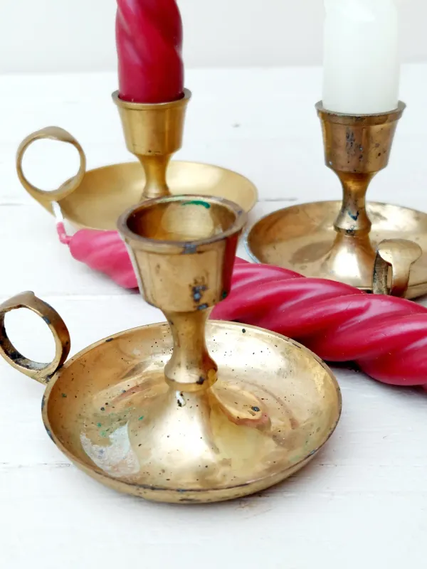 Vintage messing chambersticks kandelaar set - messing kandelaars met ringhandvat - set van 3