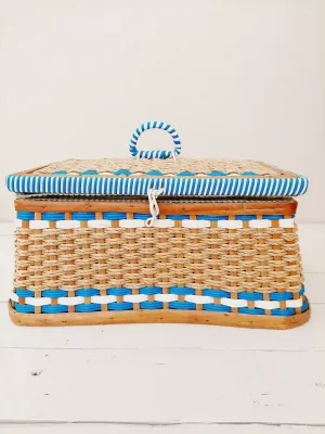 Vintage naaimand in hout en riet, blauw-wit, zware kwaliteit