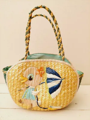 Paasmandje met raffia tekening van een eendje met paraplu