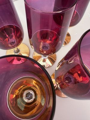 Paars-gouden glazen op voet, set van 5