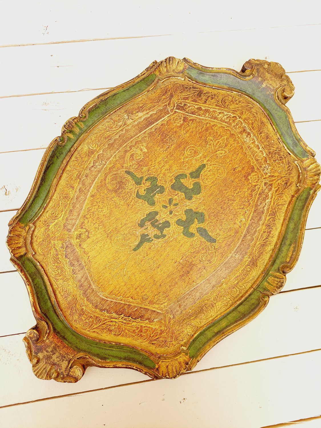 Florentijns dienblad goud en groen met handgrepen - 50 x 35 cm