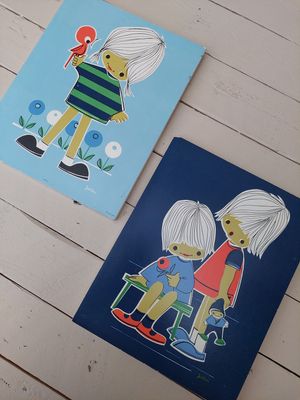 Vintage Jaklien illustraties op hout, set van 2