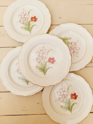 Vintage gebaksborden Dauher met bloemen en gouden rand, set van 5