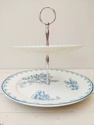 Vintage etagère Silea - 2 borden wit-blauw - elegant verzilverd handvat
