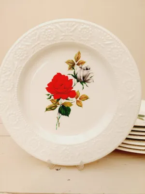 Vintage gebaksborden Boch, met grote rode en witte bloemen, per stuk verkrijgbaar