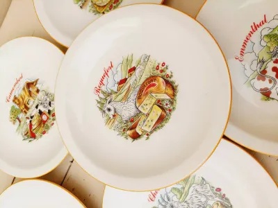 Vintage kaasborden Bareuther Waldsassen, Franse kazen, elk bord is verschillend, set van 6