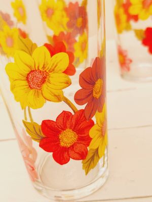 Vintage Arcoroc glazenset - Bloemenprint oranje geel rood - Retro drinkglazen - set van 4