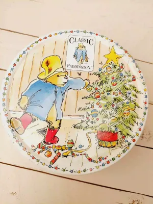 Vintage kerstblik beertje Paddington, rond met kersttekeningen