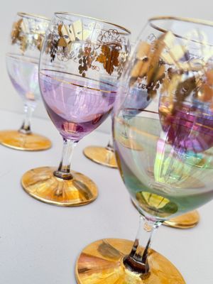 Vintage wijnglazen in pastel, afgewerkt met goud, set van 6