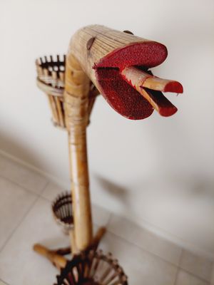 Vintage plantenstaander bamboe / rotan met drie bloempotjes