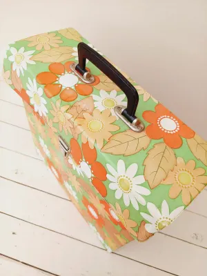 Vintage platenkoffer uit de jaren 70 – voor LP's – retro design in topstaat - gebloemd oranje, wit, groen