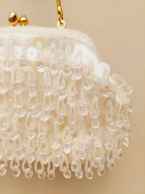 Vintage clutch in wit satijn met kralen met gouden sluiting