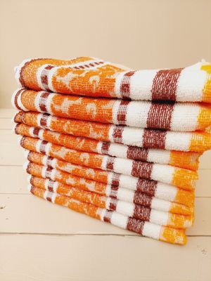 Vintage handdoekenset retro in oranje, bruin en wit, 9 handdoeken
