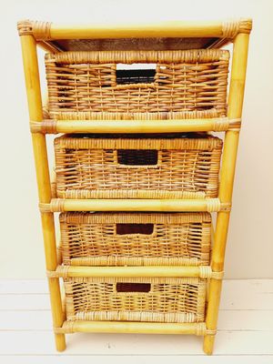 Vintage bamboe ladekast met 4 rotan lades – natuurlijke boho stijl