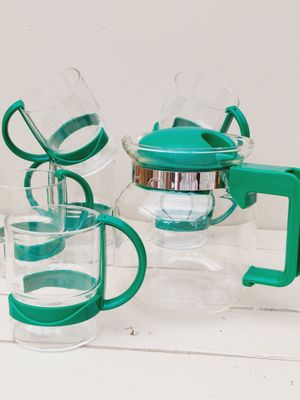 Vintage theeset 6 personen - theekan met 6 glazen groen handvat
