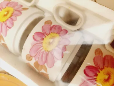 Vintage Tognana porseleinen tassen en ondertassen- beige, bruin, bloemen - set van 6 in originele doos