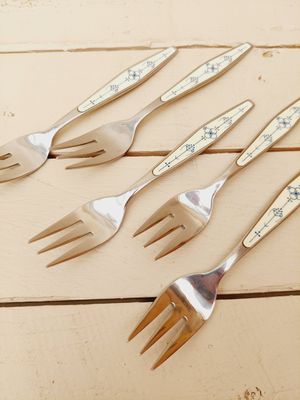 Vintage gebaksvorken met Blauw Saks patroon - HCU merkteken - set van 5