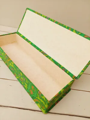 Vintage stoffen handschoenendoos groen – rechthoekige opbergdoos met paisleymotief