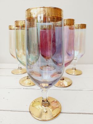 Vintage glazen in pasteltinten met gouden rand - Gekleurde glazen voor water, wijn of fris - set van 6