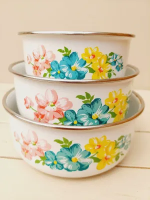 Vintage emaille kommen met bloemenmotief, set van 3