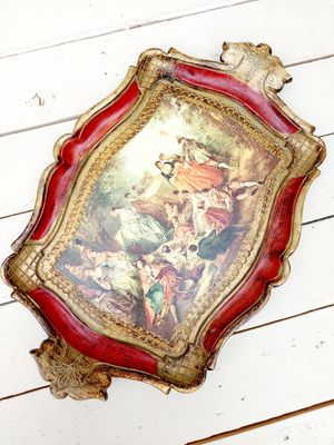 Florentijns dienblad goud en rood met handgrepen en Middeleeuwse schildering - 35 x 23 cm