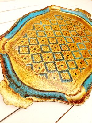 Groot Florentijns dienblad goud en blauw met handgrepen - 58 x 38 cm